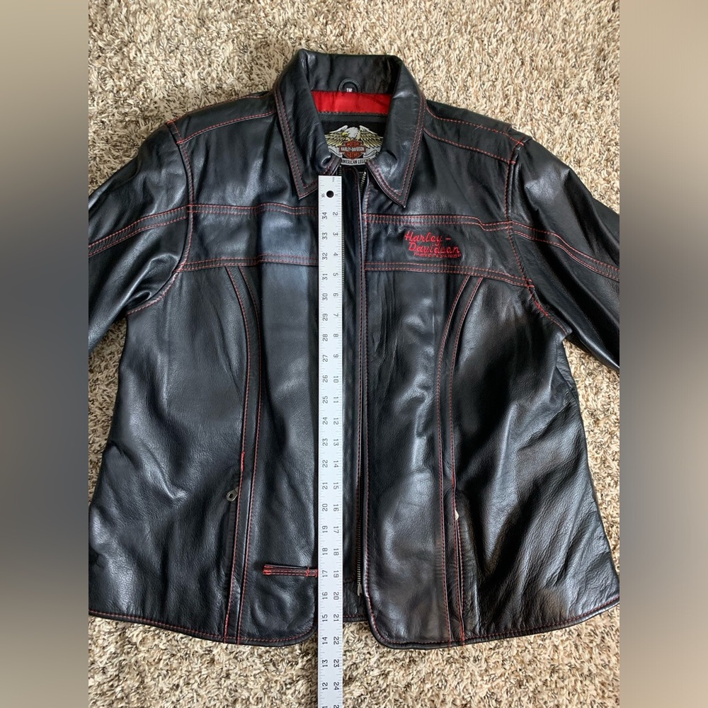 Harley-Davidson Black Leather Jacket with Red Stitching & Embroidery - Picture 9 of 11